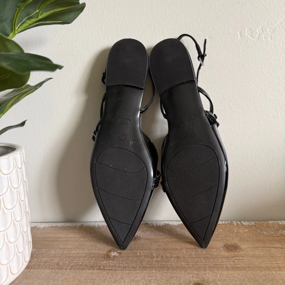 Nine West Black Patent Pointed Slingback Flats with Double Straps